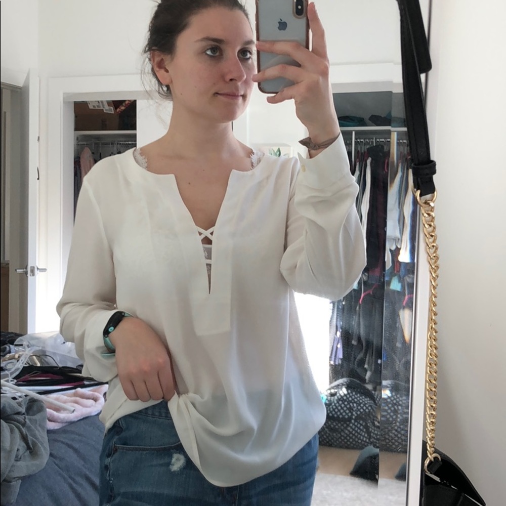 Express white blouse with criss cross detail